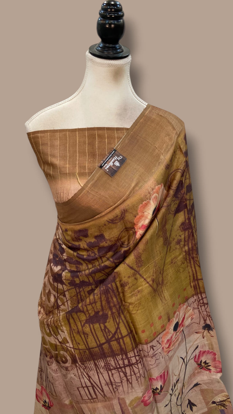 Pure Tussar Silk Handloom Banarasi Saree With Digital Print