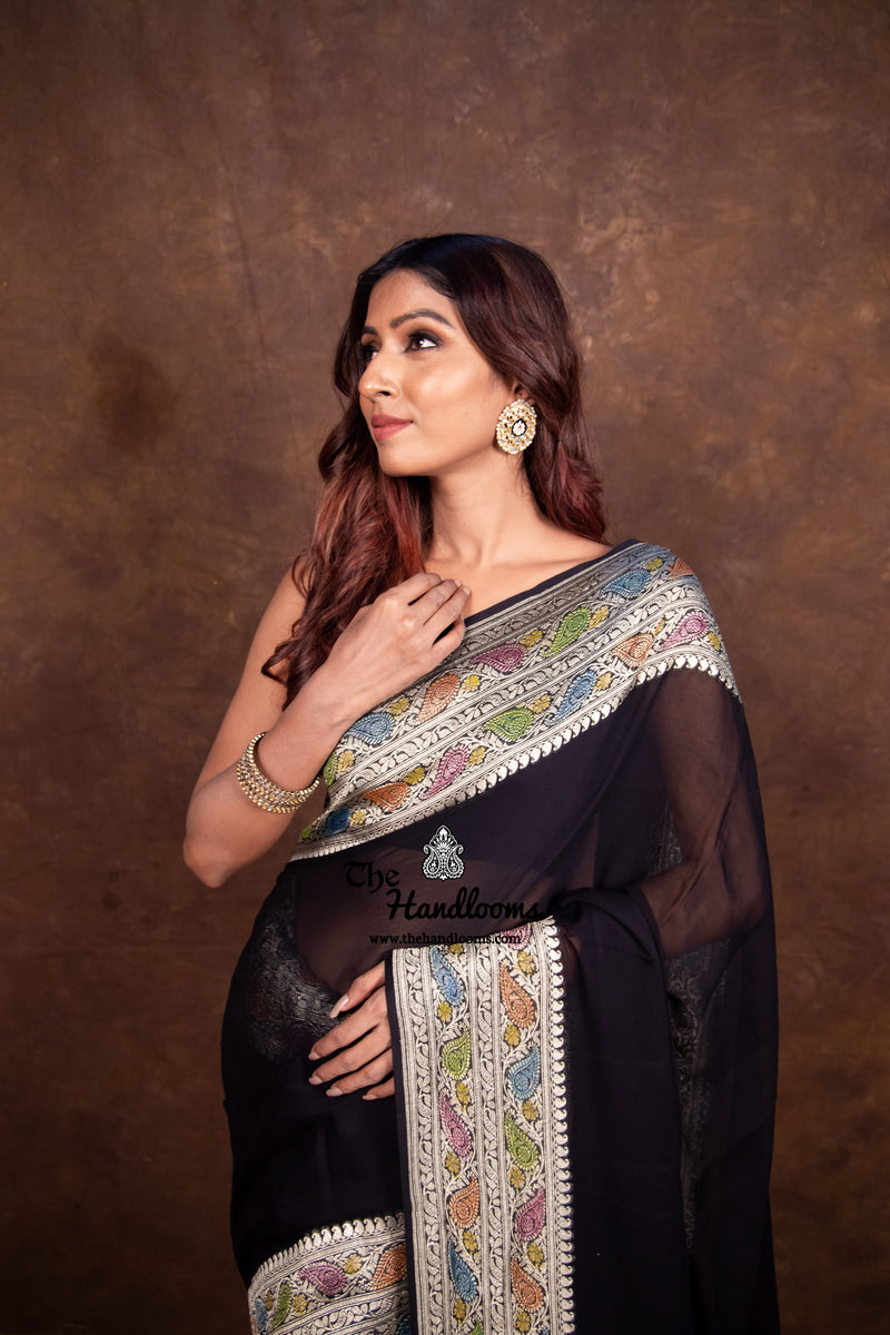 Black Khaddi Georgette Handloom Banarasi Saree - The Handlooms