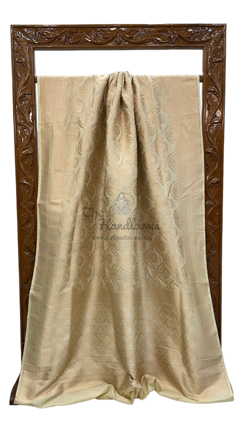 Cream Pure Katan Silk Banarasi Handloom Saree - All over Sona Roopa Jaal work - The Handlooms