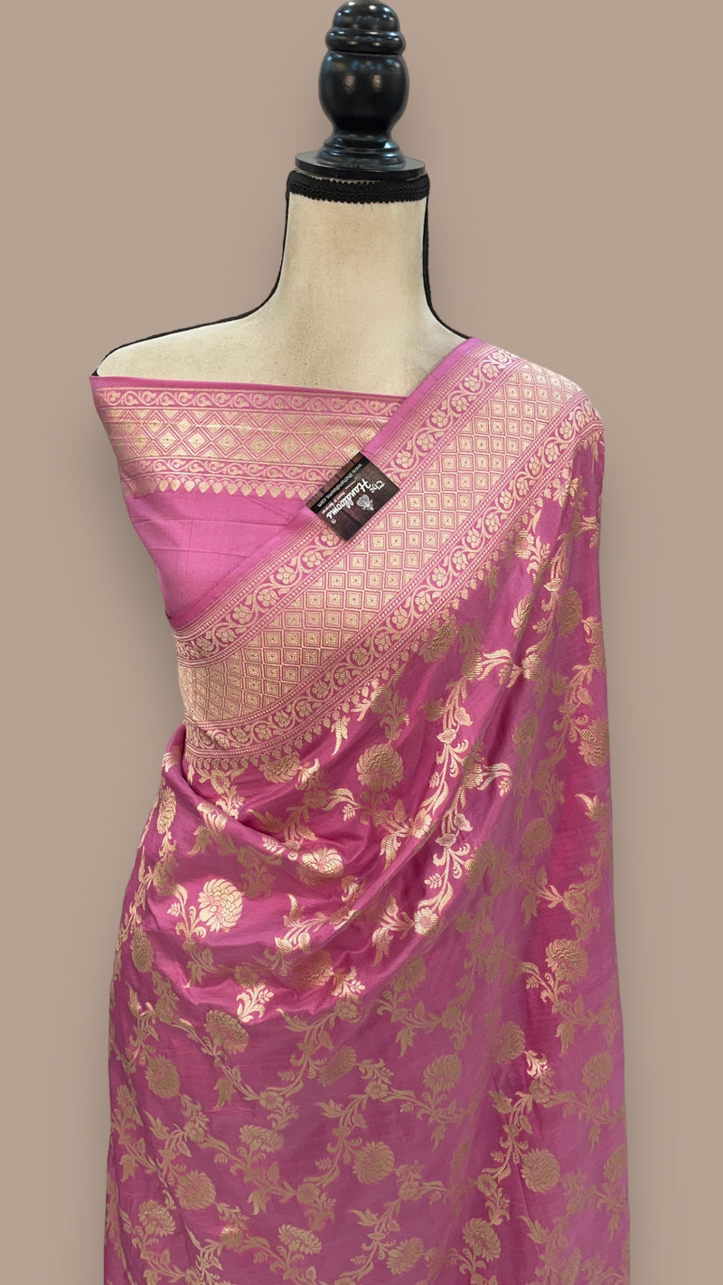 Pink Pure Katan Silk Banarasi Handloom Saree - All over Jaal work - The Handlooms