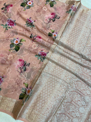 Pure Georgette  Digital Print with Chikankari Handloom Banarasi Saree - The Handlooms