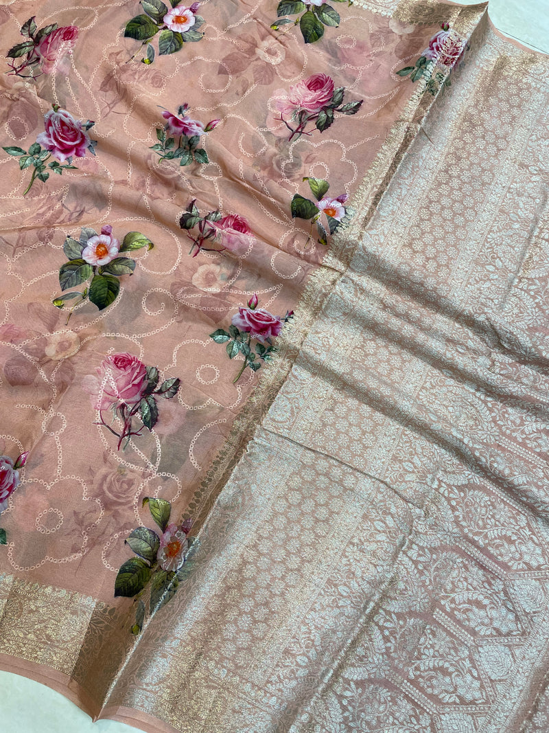 Pure Georgette  Digital Print with Chikankari Handloom Banarasi Saree - The Handlooms