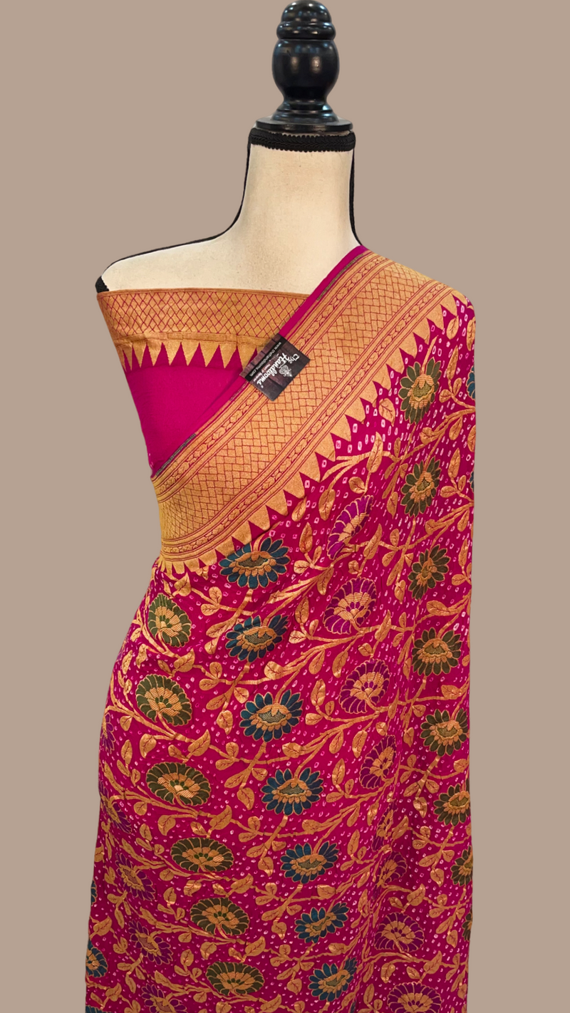 Pure Georgette Banarasi Bandhej Handloom Saree - with meenakari work - The Handlooms