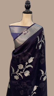Navy Blue Pure Kora Handloom Banarasi Saree - The Handlooms