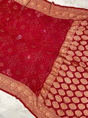 Red Pure Georgette Banarasi Bandhej Handloom Saree - The Handlooms