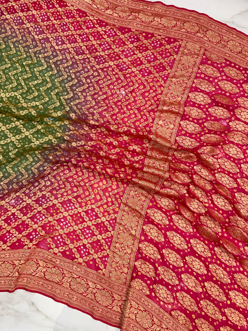 Dual Shade Pure Georgette Banarasi Bandhej Handloom Saree - The Handlooms