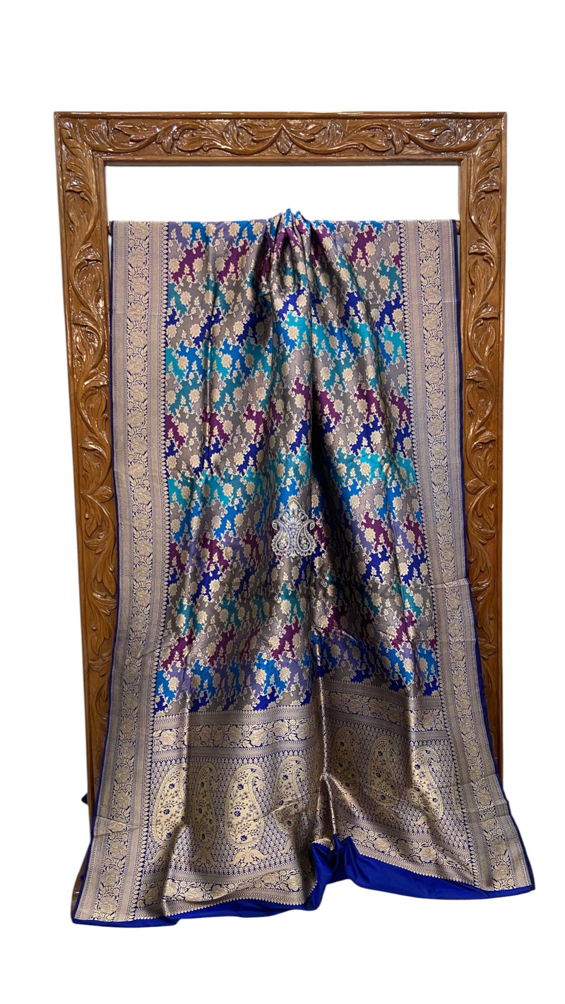 Multicolor Pure Katan Silk Banarasi Handloom Saree - All over Jaal Work With Rangkart