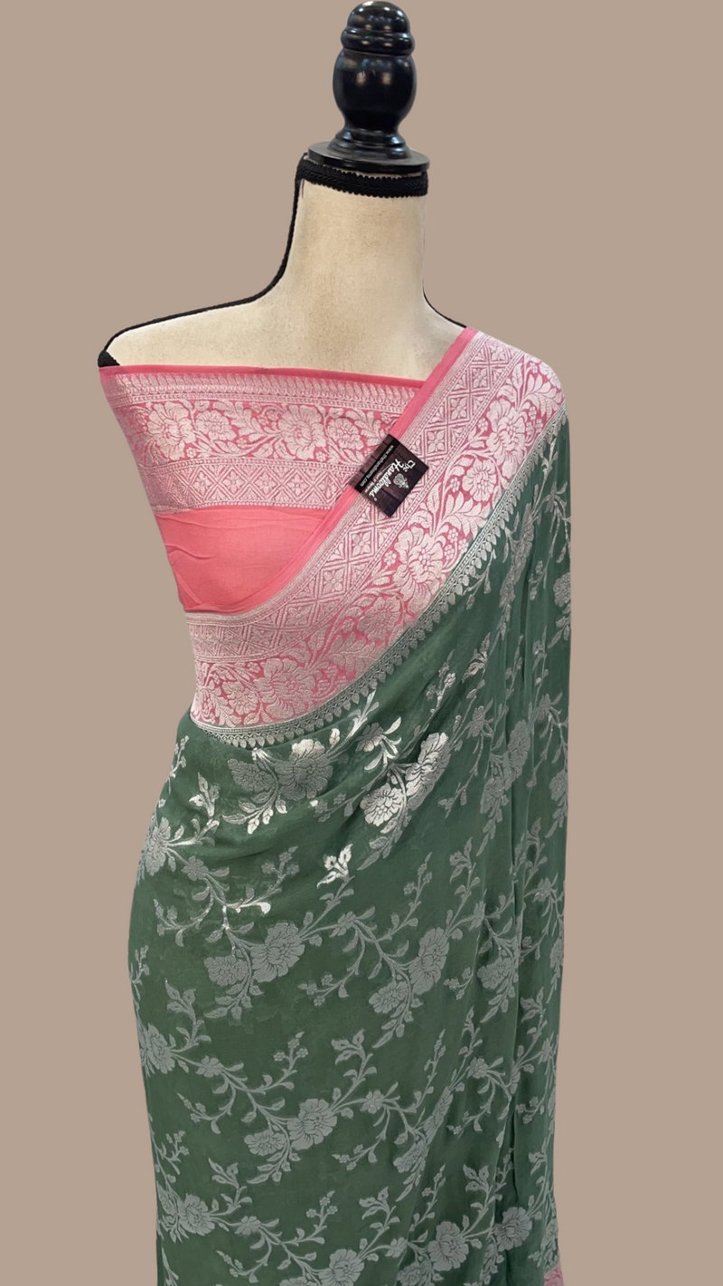 Cement Green with Pink Khaddi Georgette Banarasi Saree - The Handlooms
