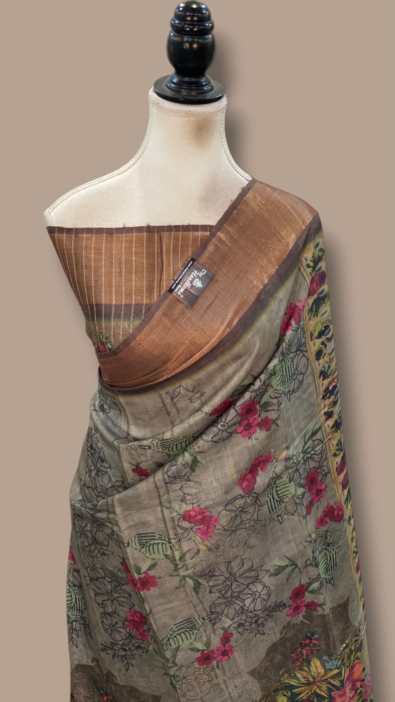Pure Tussar Silk Handloom Banarasi Saree With Digital Print