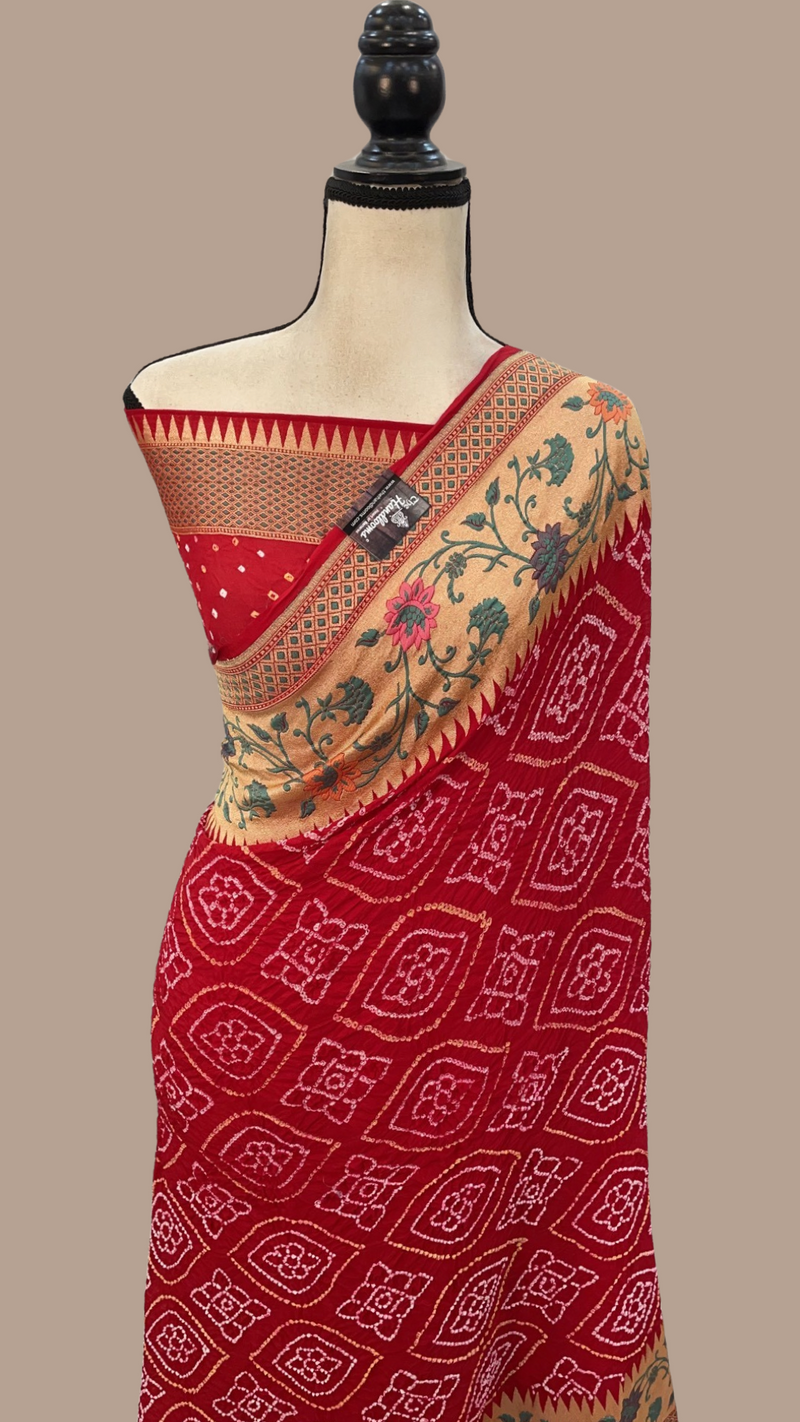Pure Georgette Banarasi Bandhej Handloom Saree - with meenakari work - The Handlooms