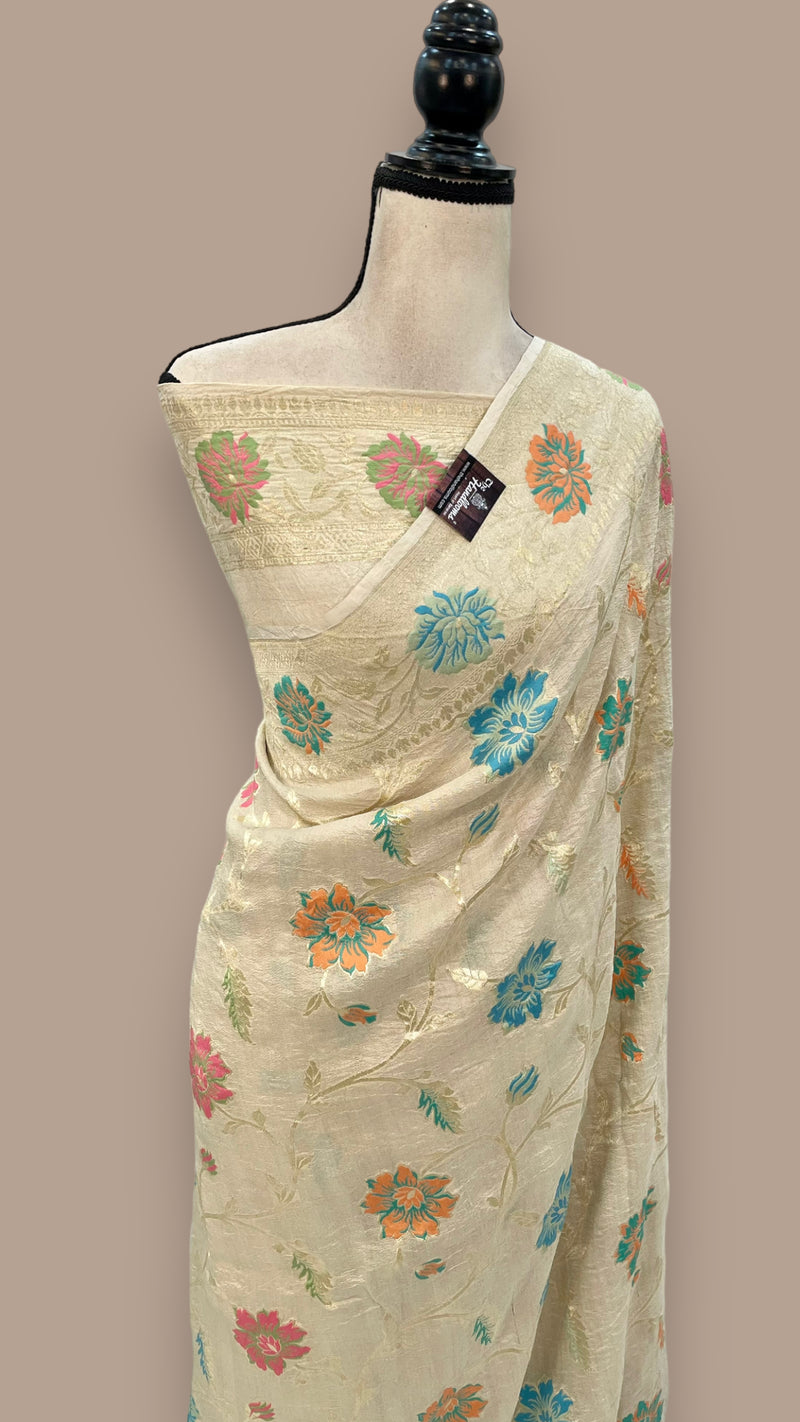 Pure Tussar Georgette Handloom Banarasi Saree - All over Jaal Work with meenakari - The Handlooms