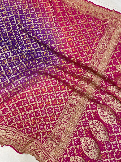 Dual Shade Pure Georgette Banarasi Bandhej Handloom Saree - The Handlooms