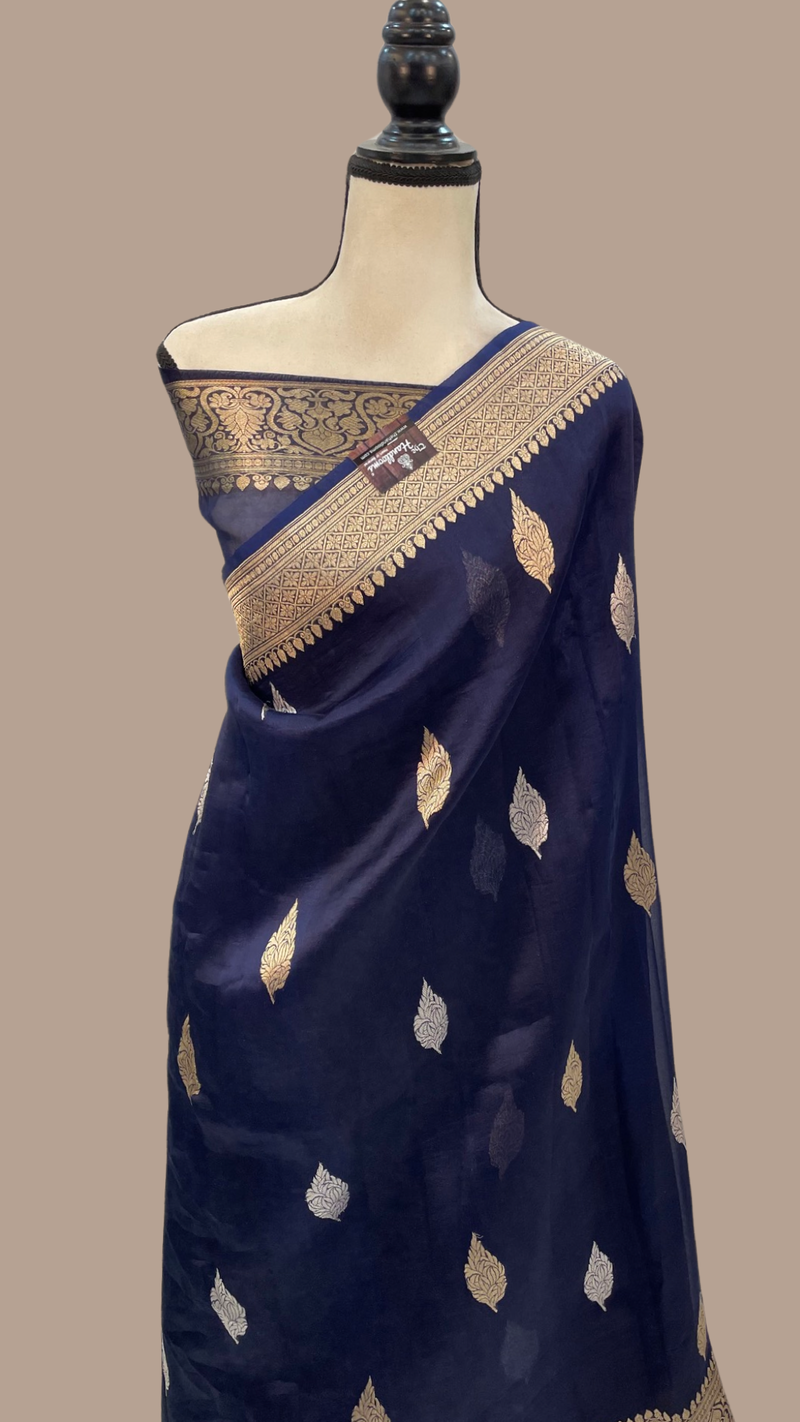 Blue Pure Kora Handloom Banarasi Saree - Sona Roopa Alfi Kadua Boota - The Handlooms