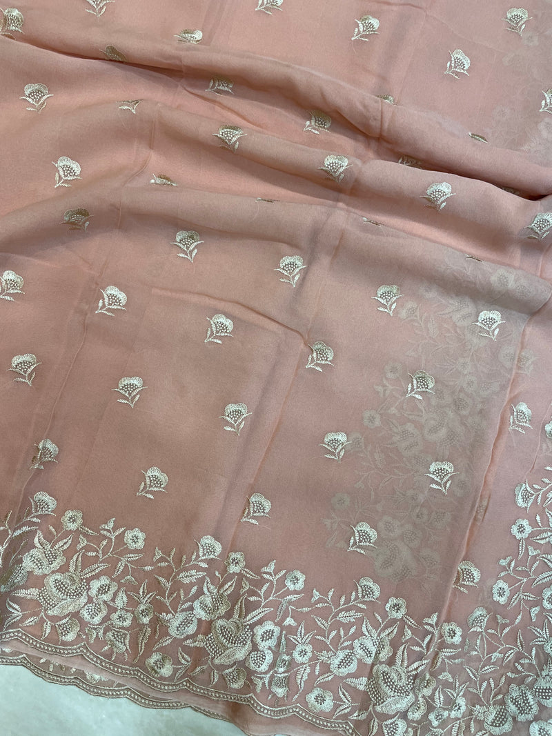 Pure Georgette Chikankari Handloom Banarasi Saree - The Handlooms