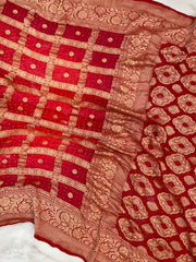 Red Pure Georgette Banarasi Bandhej Handloom Saree - The Handlooms