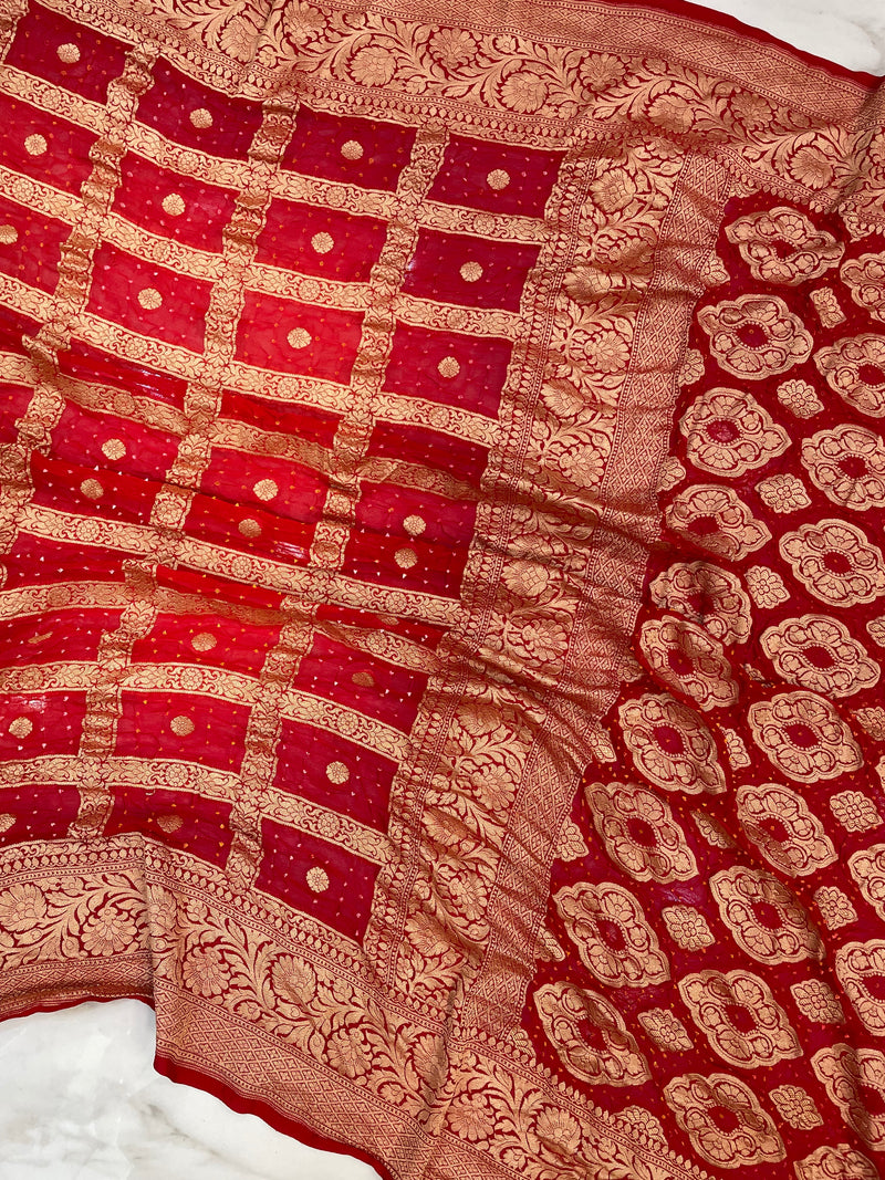 Red Pure Georgette Banarasi Bandhej Handloom Saree - The Handlooms