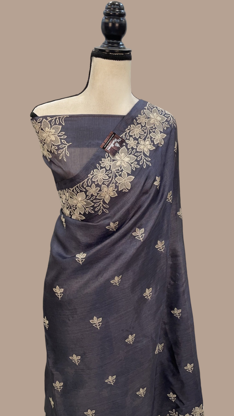 Tussar Silk Handloom Banarasi Saree With Chikankari - The Handlooms