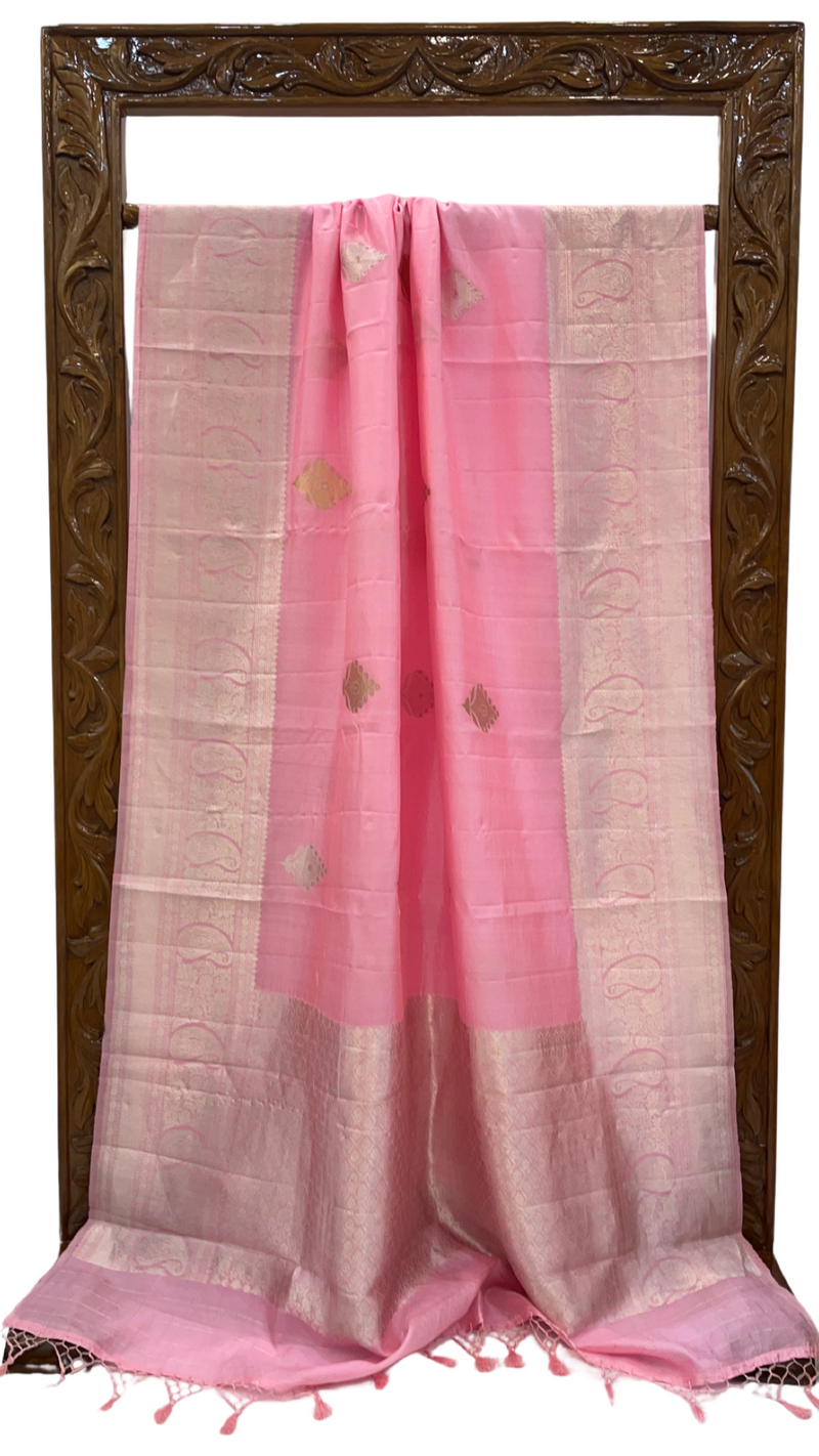 Pink Pure Katan Silk Banarasi Handloom Saree - All over Kadua motifs - The Handlooms