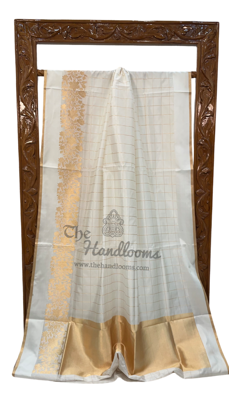 White Pure Katan Silk Banarasi Handloom Saree - The Handlooms