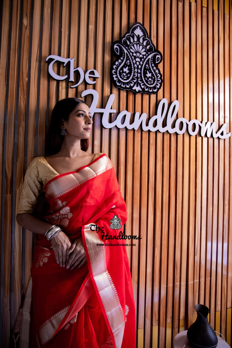 Red Pure Kora Handloom Banarasi Saree - The Handlooms
