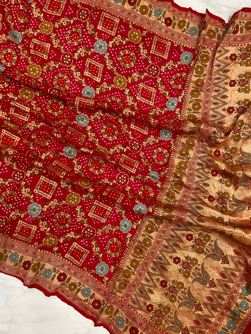 Pure Georgette Banarasi Bandhej Handloom Saree - Meenakari