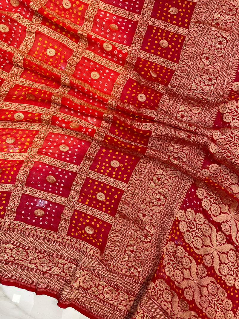 Dual Shade Pure Georgette Banarasi Bandhej Handloom Saree - The Handlooms