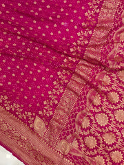 Hot Pink Pure Georgette Banarasi Bandhej Handloom Saree - The Handlooms