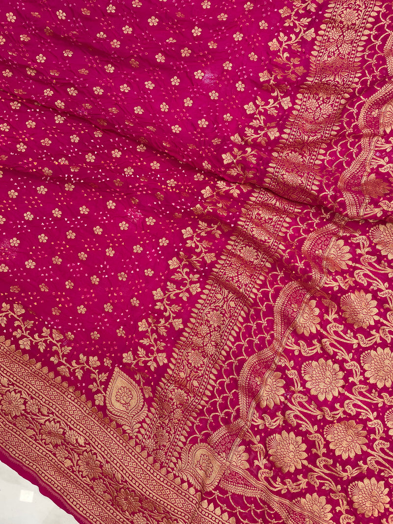 Hot Pink Pure Georgette Banarasi Bandhej Handloom Saree - The Handlooms