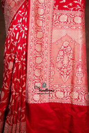Red Pure Katan Silk Banarasi Handloom Saree - All Over Jaal Work - The Handlooms