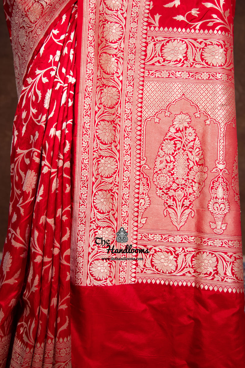 Red Pure Katan Silk Banarasi Handloom Saree - All Over Jaal Work - The Handlooms