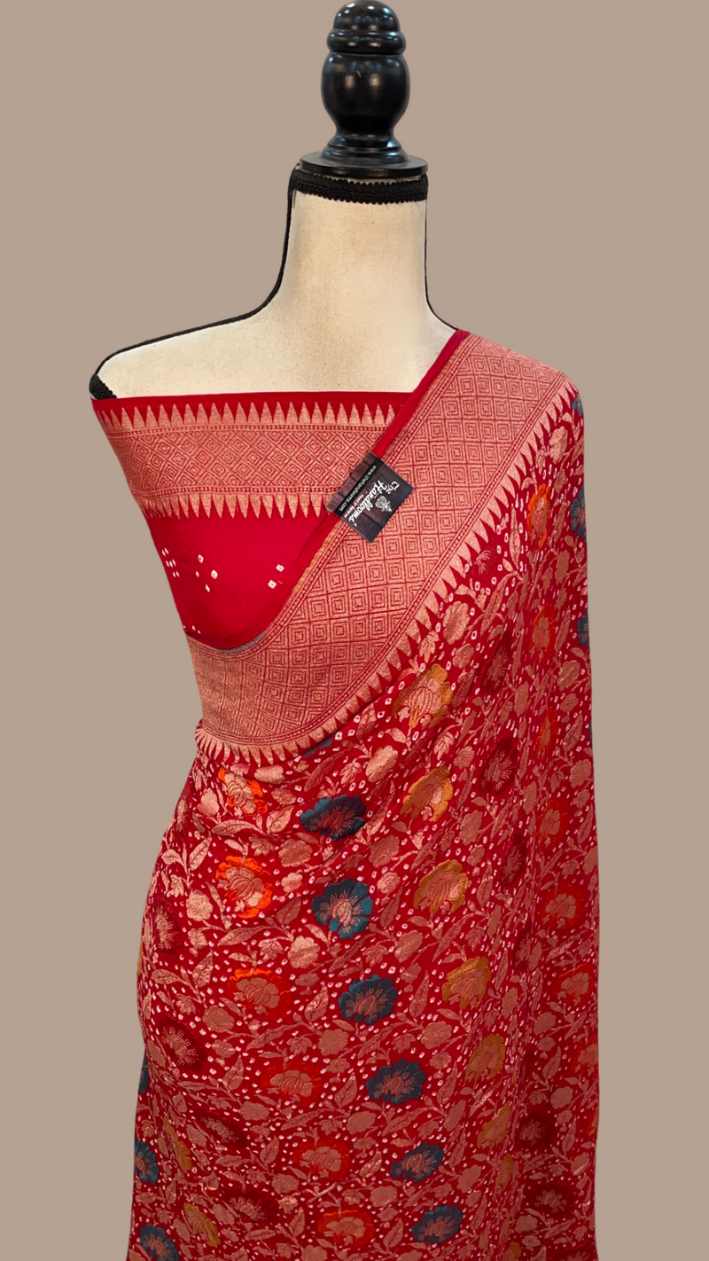 Pure Georgette Banarasi Bandhej Handloom Saree - with meenakari work - The Handlooms