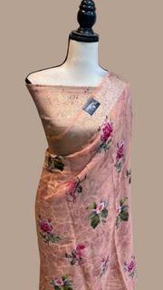 Pure Georgette  Digital Print with Chikankari Handloom Banarasi Saree - The Handlooms