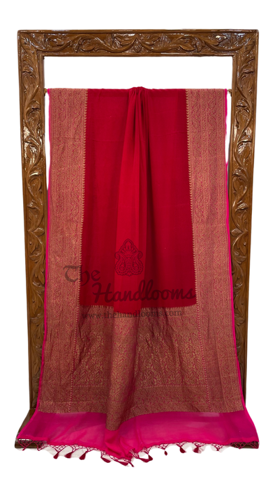 Red with Pink Khaddi Georgette Handloom Banarasi Saree -  Antique zari