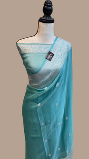 Pure Georgette Banarasi Saree - Cement Green - The Handlooms