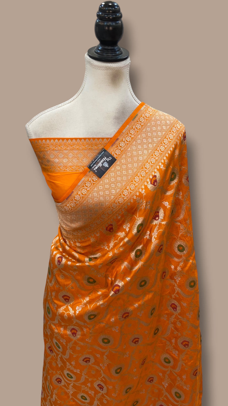 Pure Katan Silk Banarasi Handloom Saree - All Over Jaal Work With Meenakari