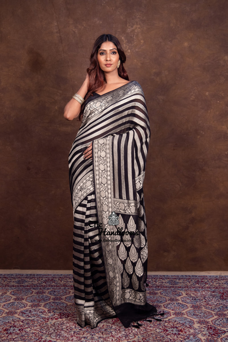 Black Khaddi Georgette Handloom Banarasi Saree - The Handlooms