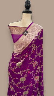 Purple Khaddi Georgette Handloom Banarasi Saree - All over Jaal Work with meenakari - The Handlooms