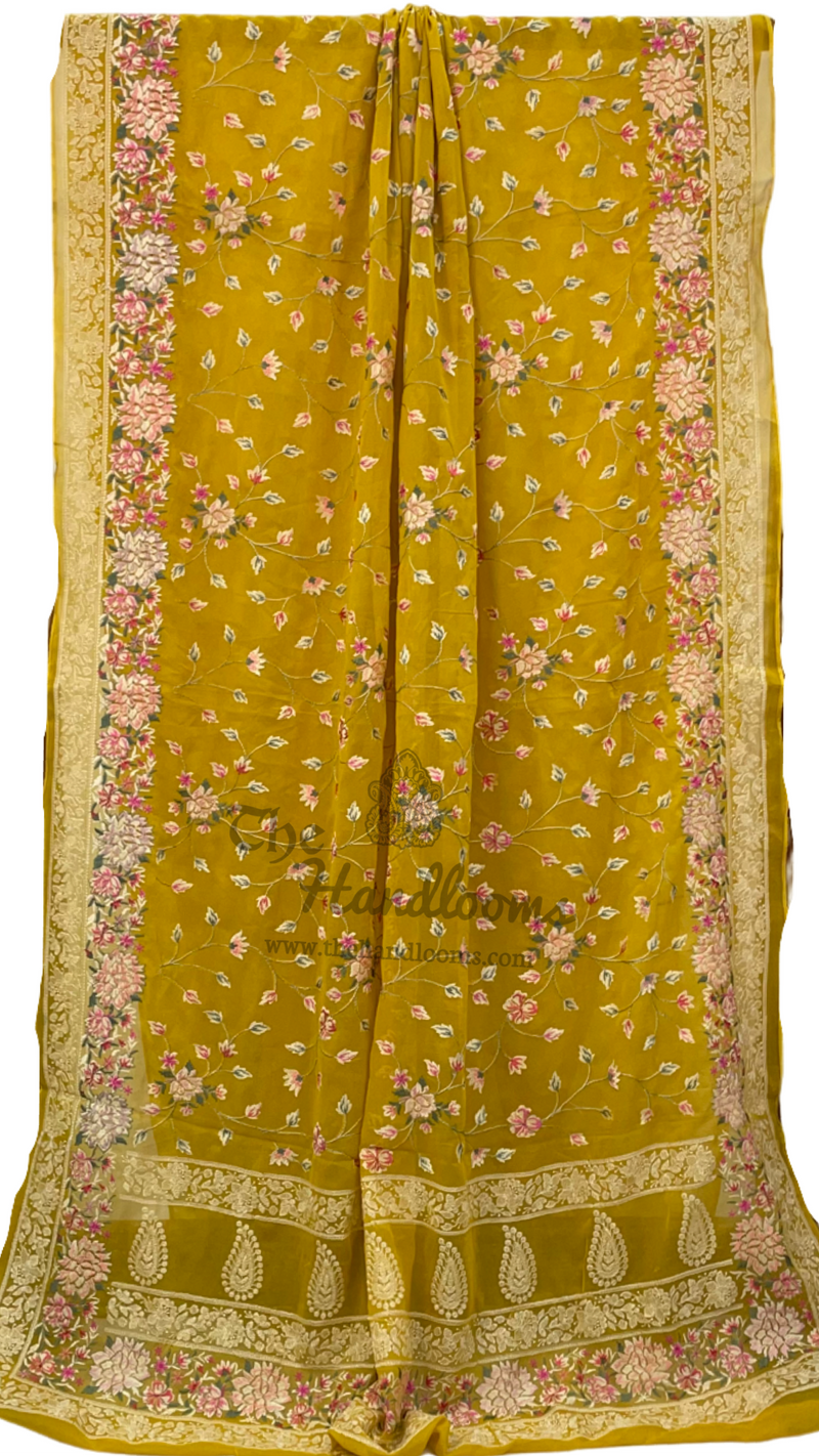 Pure Georgette Chikankari Handloom Banarasi Saree - The Handlooms