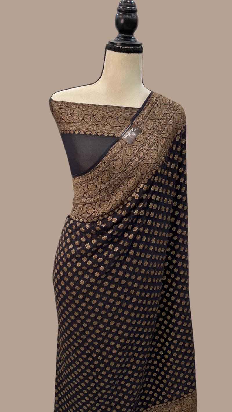 Black Pure Khaddi Georgette Handloom Banarasi Saree - The Handlooms