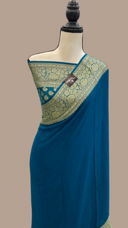 Peacock Blue Pure Chiffon Khaddi Banarasi Saree - The Handlooms