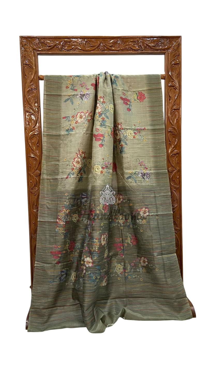Pure Tussar Silk Handloom Banarasi Saree With Digital Print
