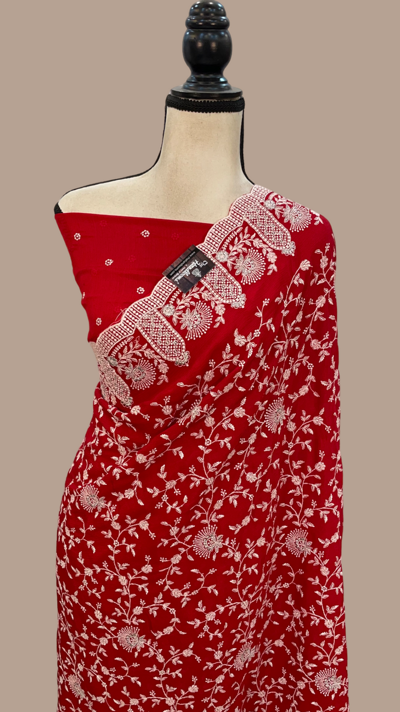 Pure Georgette Chikankari Handloom Banarasi Saree - The Handlooms