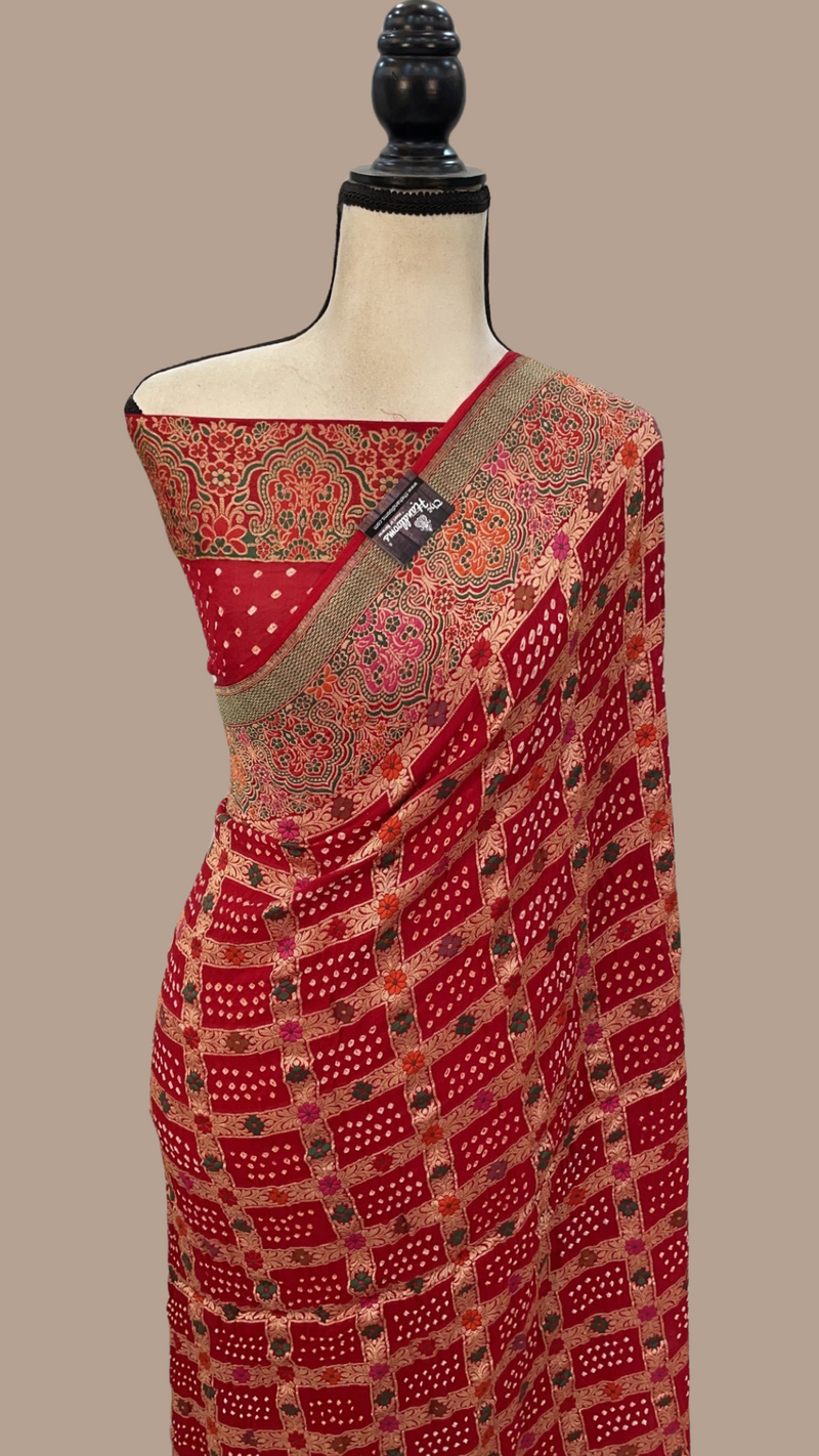 Pure Georgette Banarasi Bandhej Handloom Saree - with meenakari work - The Handlooms