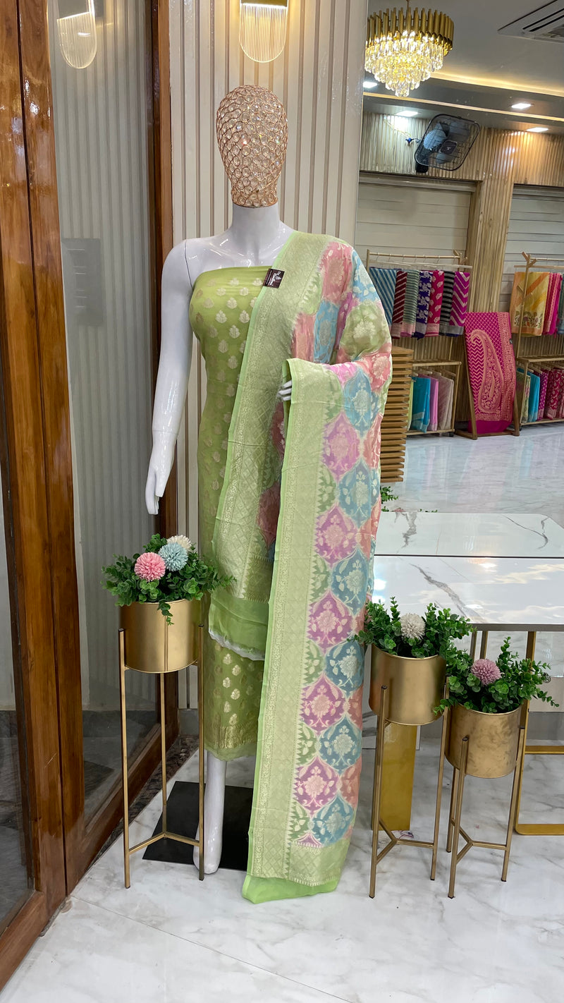 Pista Pure Khaddi Georgette Banarasi Dress material with Rangkat Dupatta - The Handlooms
