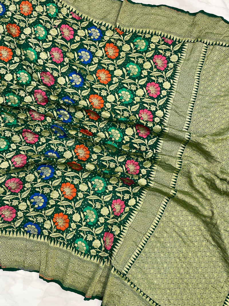 Pure Georgette Banarasi Bandhej Handloom Saree - with meenakari work - The Handlooms