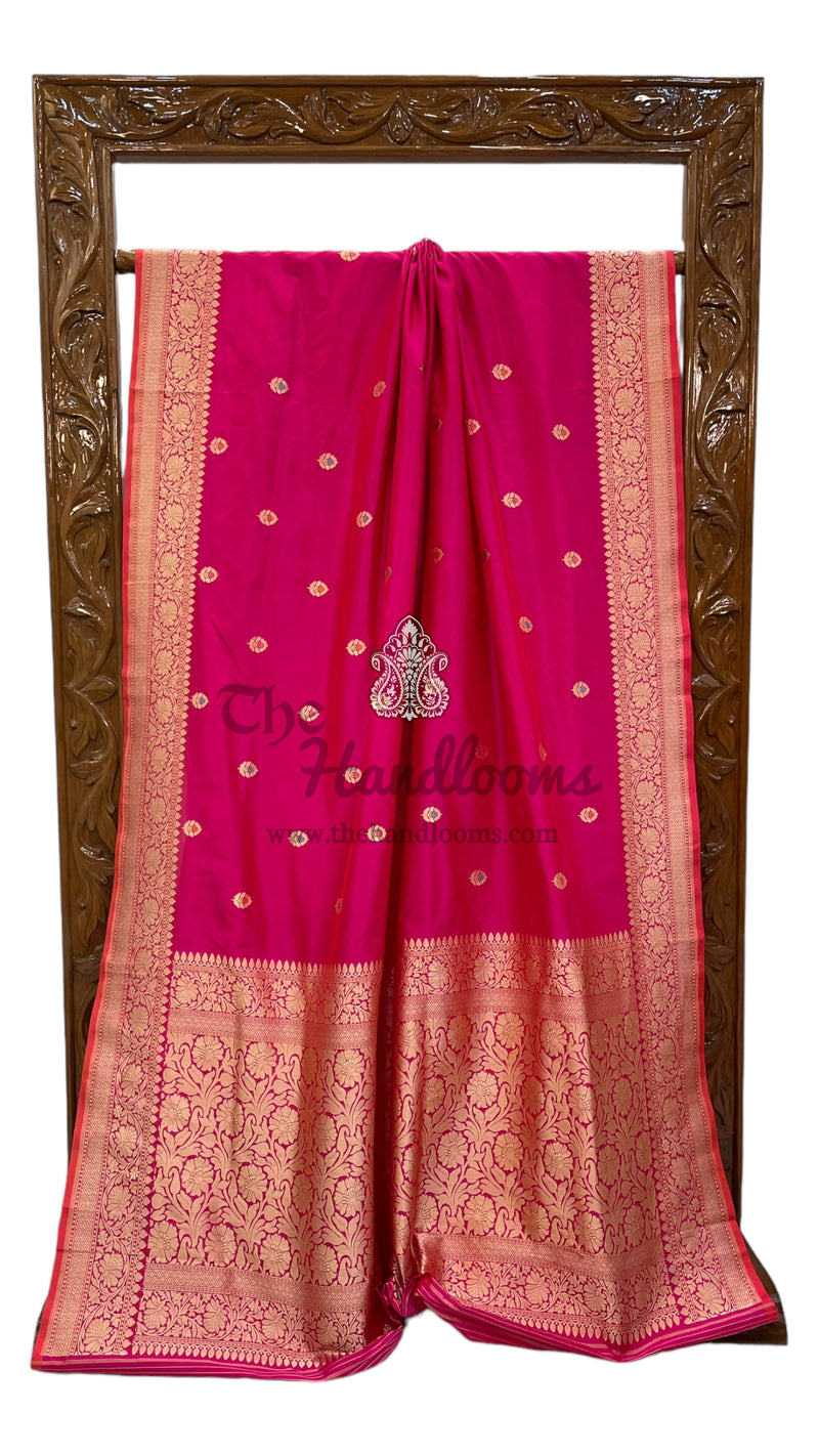 Hot Pink Pure Katan Silk Banarasi Handloom Saree - All over Kadua motifs With Meenakari - The Handlooms