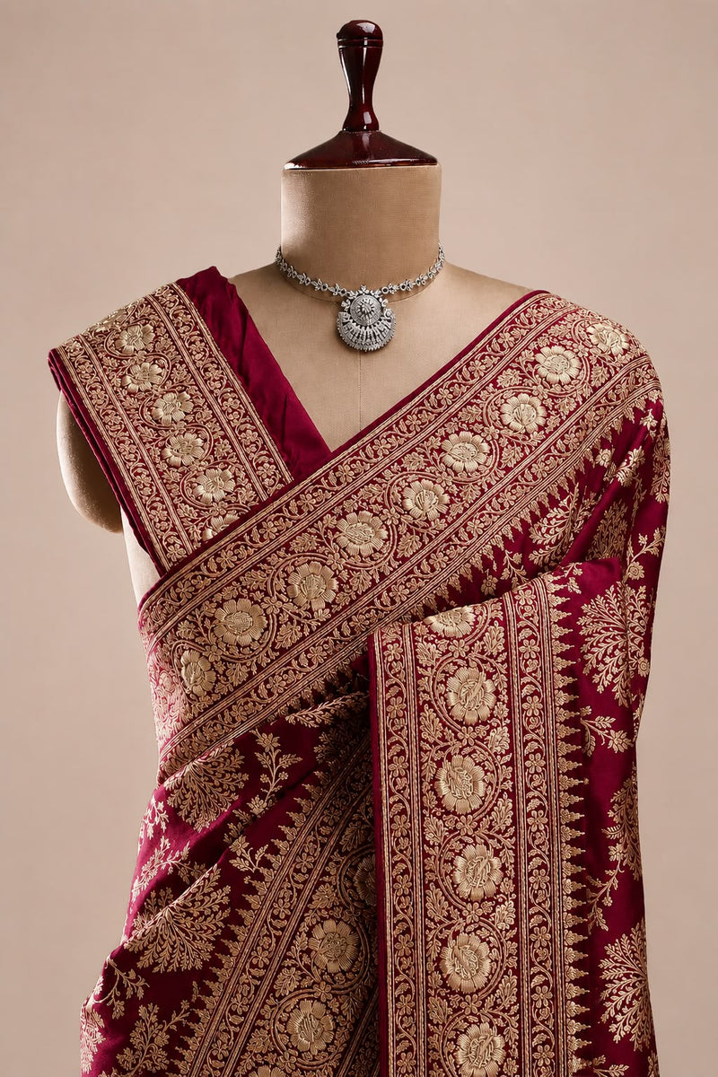 Pure Katan Silk Banarasi Handloom Saree with Zardozi Gota Patti Handwork