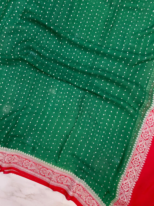 Pure Georgette Handwoven Dupatta - Green Red silver zari