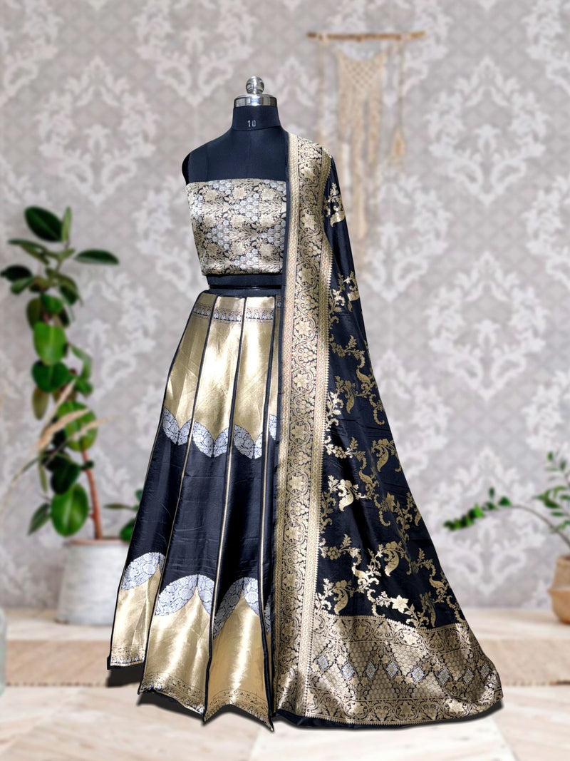 Pure Katan Silk Handloom Banarasi Lehenga All Over Sona Roopa Jaal Work With Stitched - The Handlooms