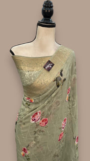 Pure Georgette Digital Print with Chikankari Handloom Banarasi Saree - The Handlooms